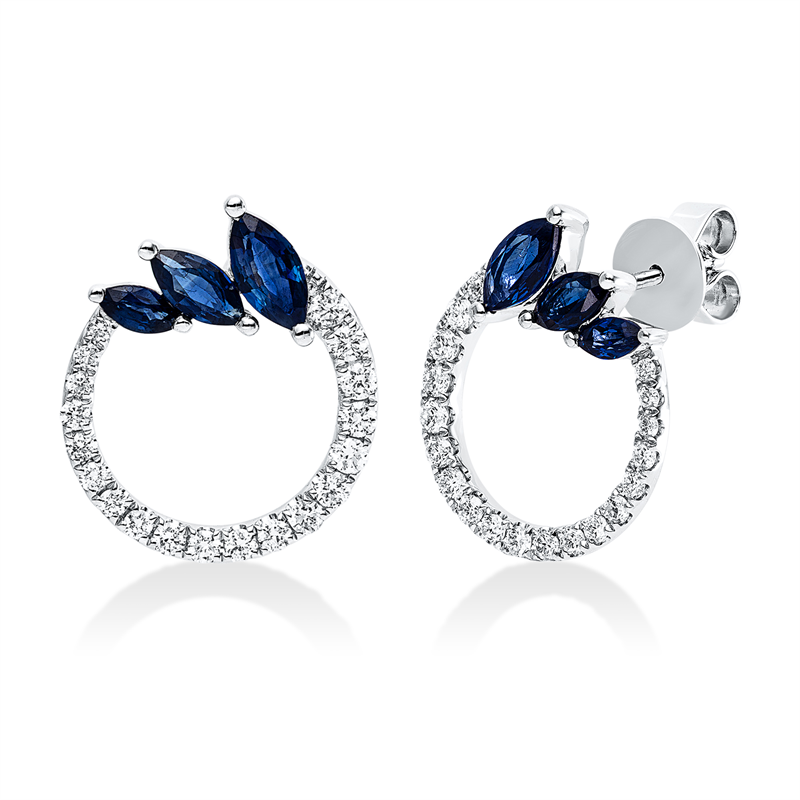 Ohrstecker 18 kt WG, 38 Brill. 0,45 ct, TW-si, 6 Saphire 1,04 ct blau
