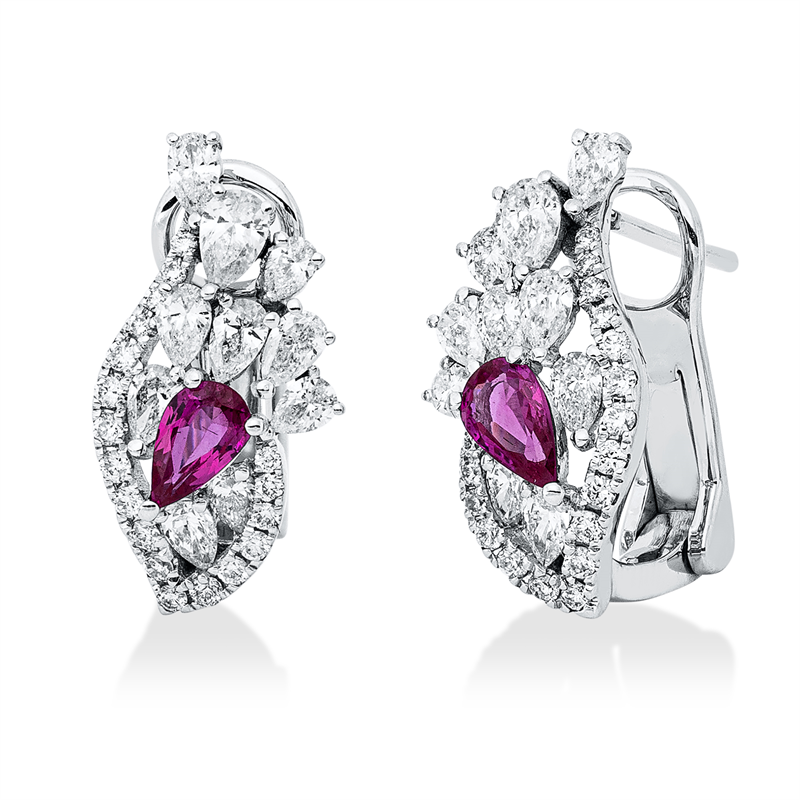 Creolen 18 kt WG, 20 Tropf 0,79 ct, TW-si, 36 Brill 0,18 ct, W-si/pi, 2 Rub 0,45 ct rot