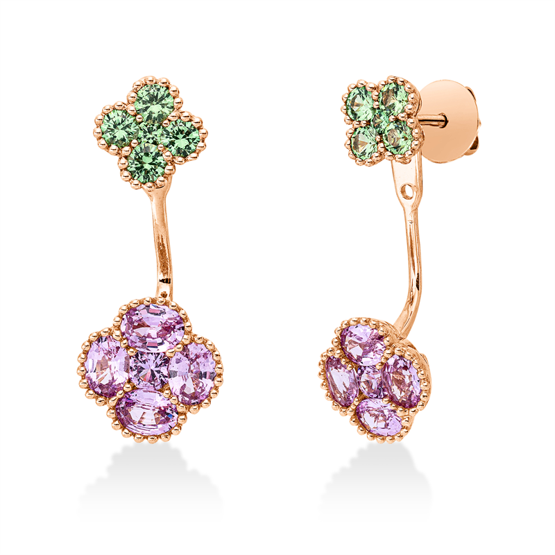 Ohrstecker 18 kt RG, 2 Saphire 0,19 ct pink, 8 Saphire 1,45 ct pink, 10 Tsavorith 0,60 ct grün