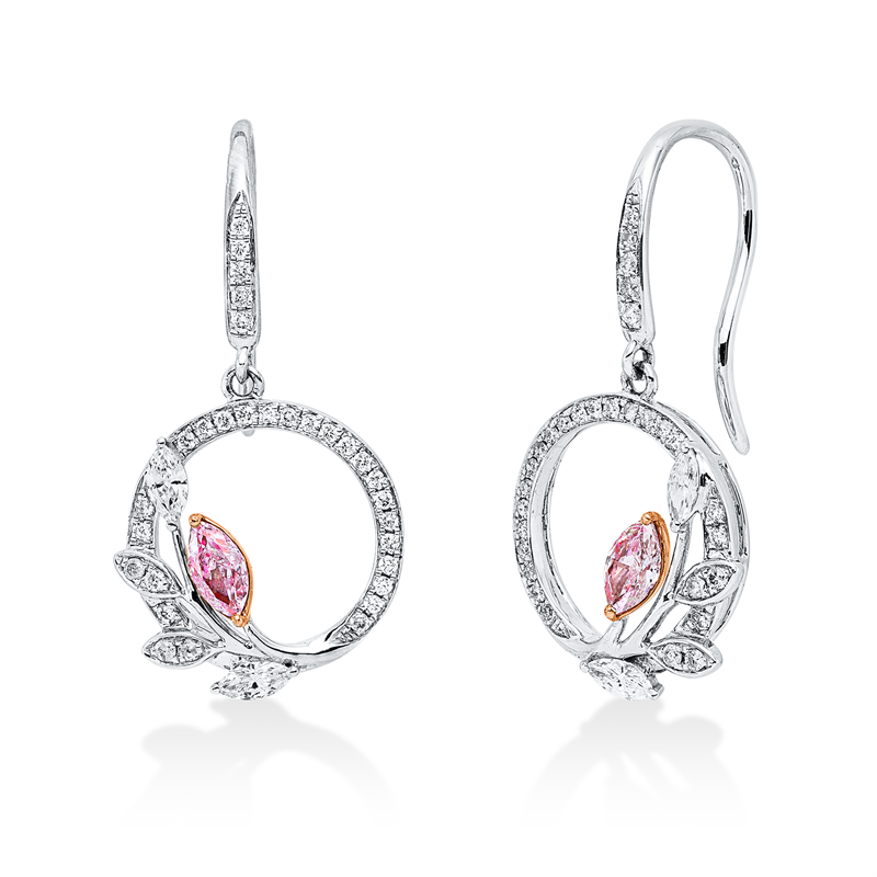Ohrschmuck 18 kt WG+RG, 4 Nav. 0,19 ct, TW-si, 2 Nav. 0,26 ct, pink-vsi, 60 Brill. 0,19 ct, TW-si
