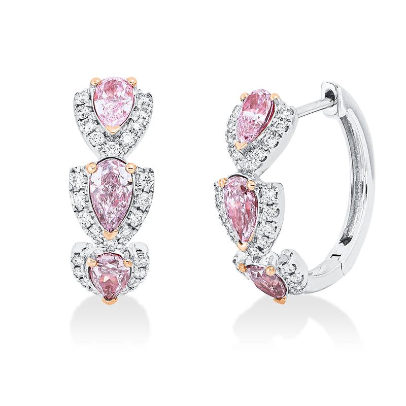Creolen 18 kt WG+RG, 6 Tropfen 0,97 ct, pink-vsi, 54 Brill. 0,22 ct, TW-si