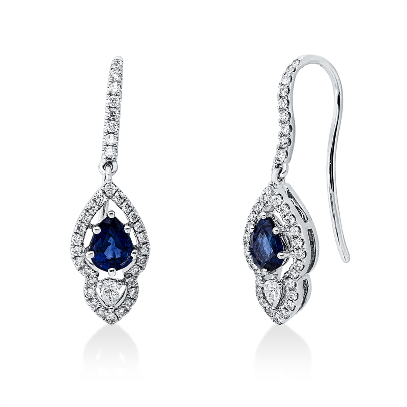Ohrhänger 18 kt WG, 2 Tropfen 0,07 ct, TW-vsi, 70 Brill. 0,28 ct, TW-si, 2 Saphire 0,80 ct blau