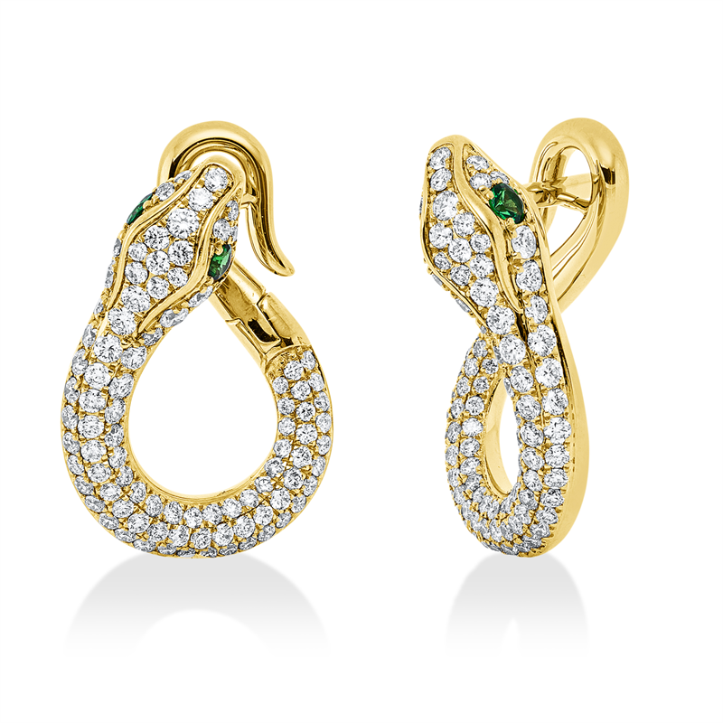 Ohrschmuck 18 kt GG, 182 Brill. 1,07 ct, F-vsi, 4 Tsavorith 0,16 ct grün