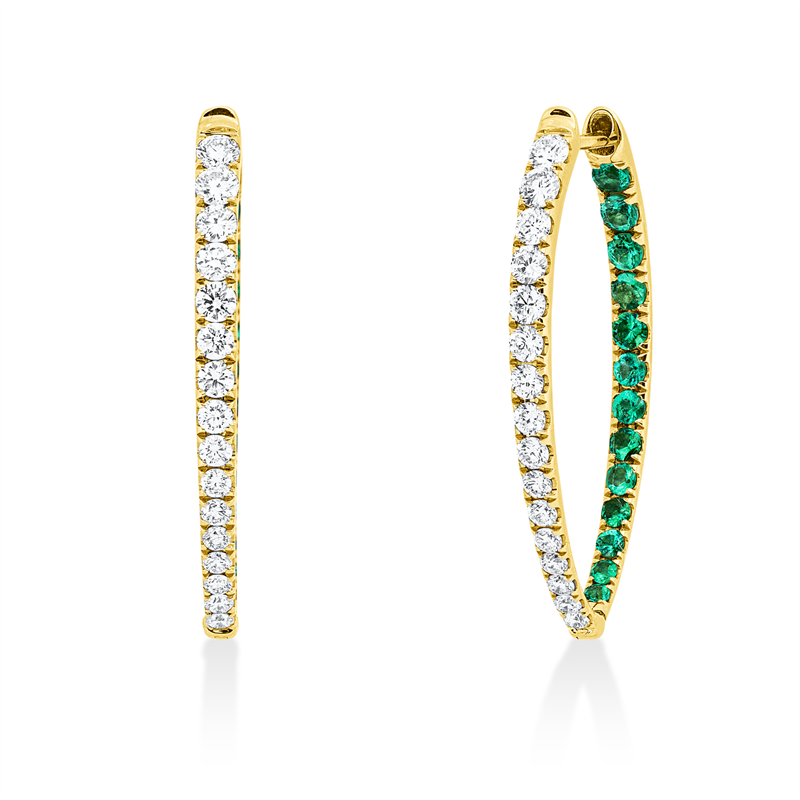 Creolen 18 kt GG, 32 Brill. 0,66 ct, F-vsi, 26 Smaragde 0,54 ct grün