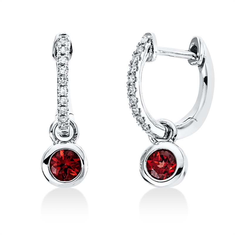 Creolen 18 kt WG, 20 Brill. 0,06 ct, W-si, 2 Granat 0,39 ct rot