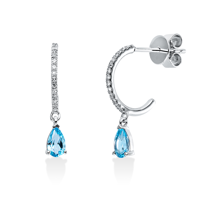 Ohrschmuck 18 kt WG, 28 Dia. 0,09 ct, W-si, 2 Topase 0,52 ct Swiss blue