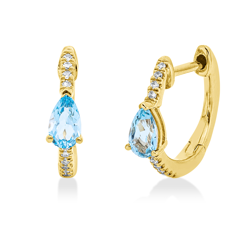 Creolen 18 kt GG, 20 Dia. 0,06 ct, W-si, 2 Topase 0,48 ct Swiss blue