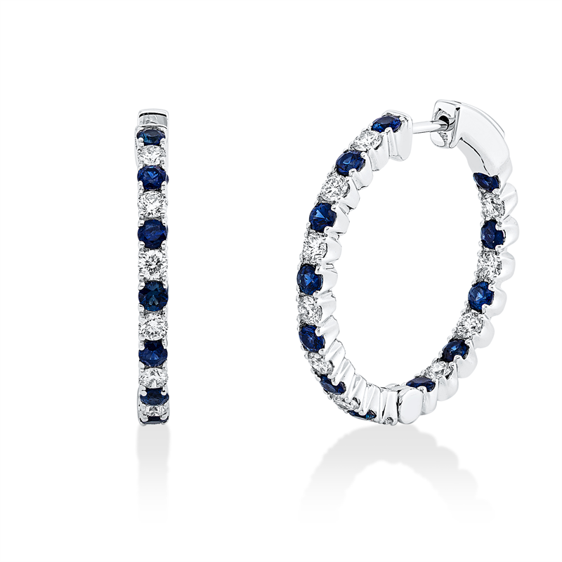 Creolen 18 kt WG, 22 Brill. 0,94 ct, TW-vsi/si, 24 Saphire 1,39 ct blau