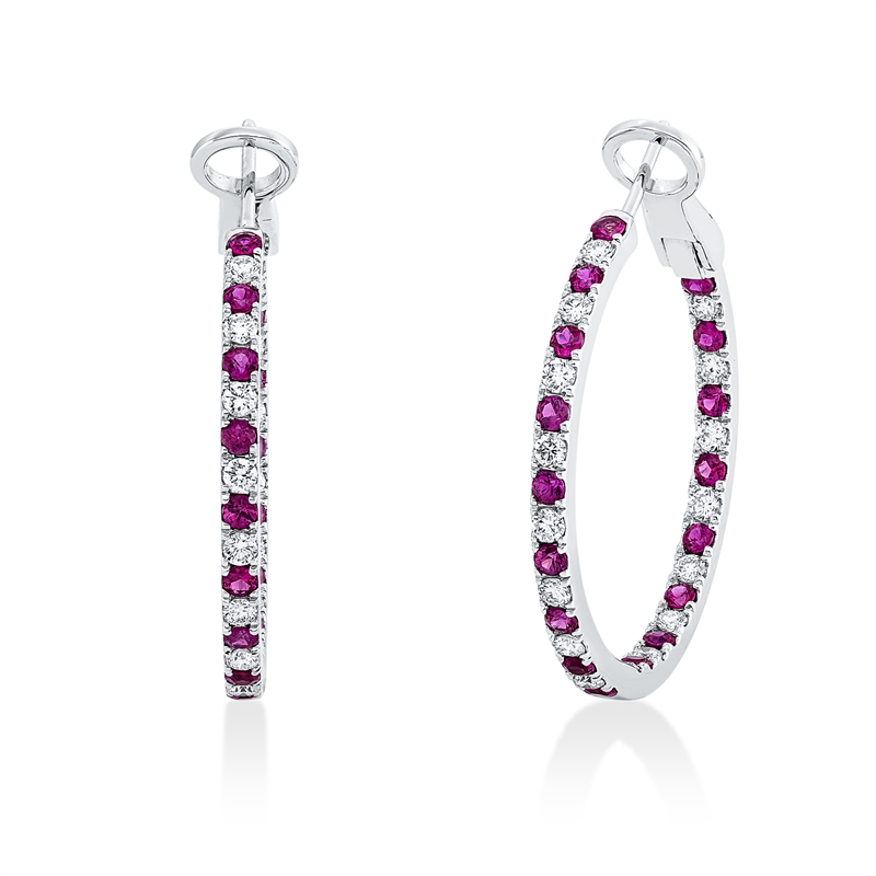 Creolen 18 kt WG, 32 Brill. 0,92 ct, TW-vsi/si, 34 Rubine 1,37 ct rot