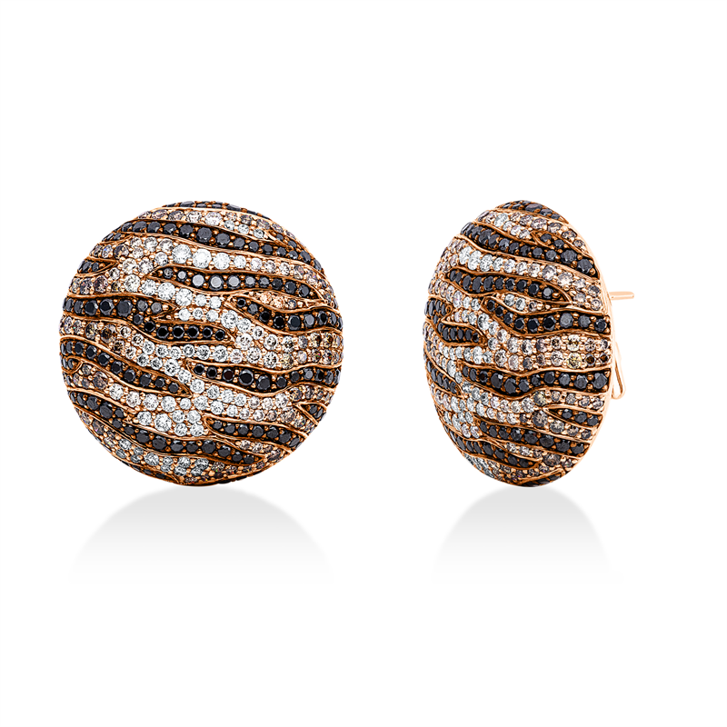 Ohrschmuck 18 kt RG, 96 Brill. 1,49 ct, W-si, 256 Brill. 3,45 ct, schwarz, 236 Brill. 3,62 ct, braun