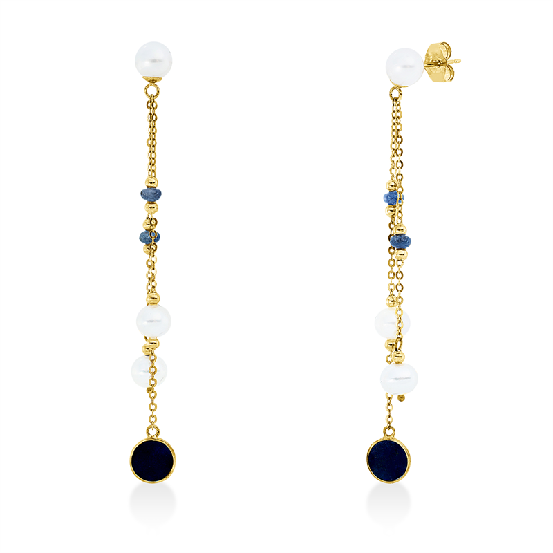 Ohrschmuck 18 kt GG, 2 Saphire 0,33 ct blau, 2 Perlmutt weiß, 2 SW weiß 5,5 mm, 2 SW weiß 4,5 mm