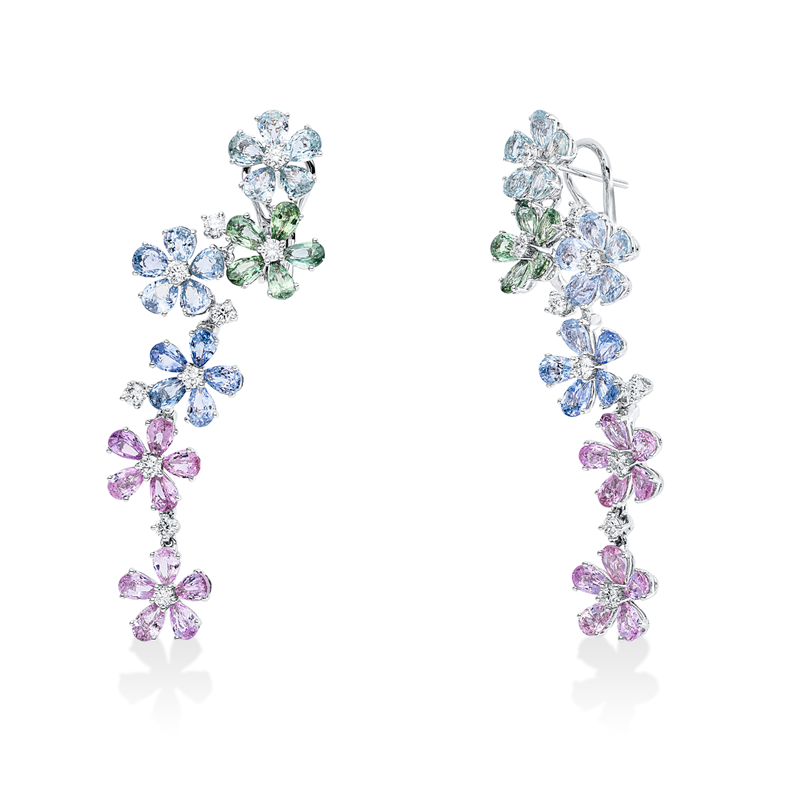 Ohrschmuck 18 kt WG, 20 Brill. 1,12 ct, TW-vsi/si, 60 Farbsteine 16,17 ct multicolor