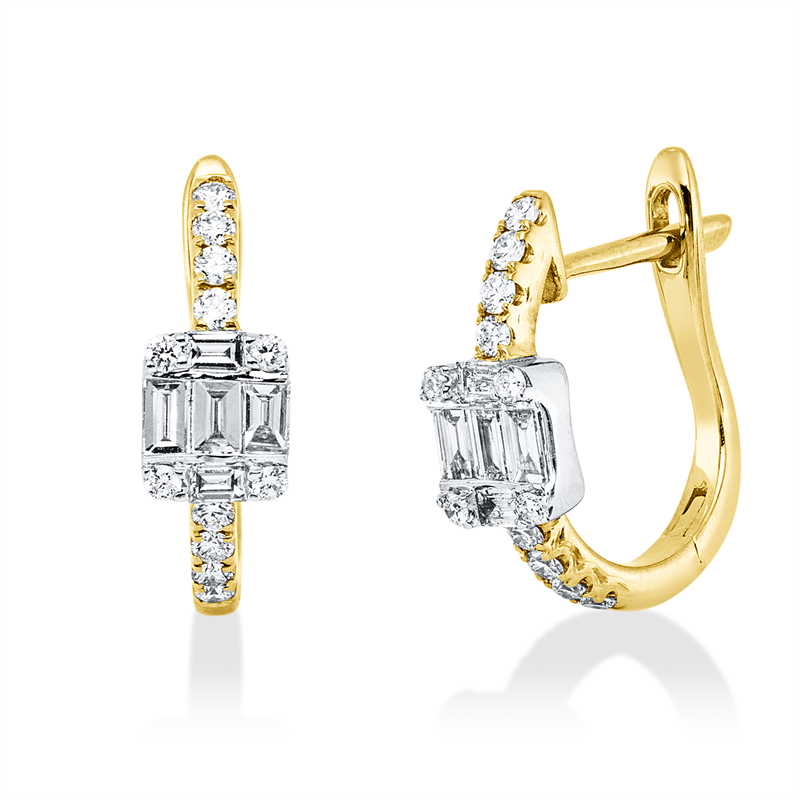 Creolen 18 kt GG+WG, 10 Bag. 0,26 ct, TW-vsi, 24 Brill. 0,23 ct, TW-vsi