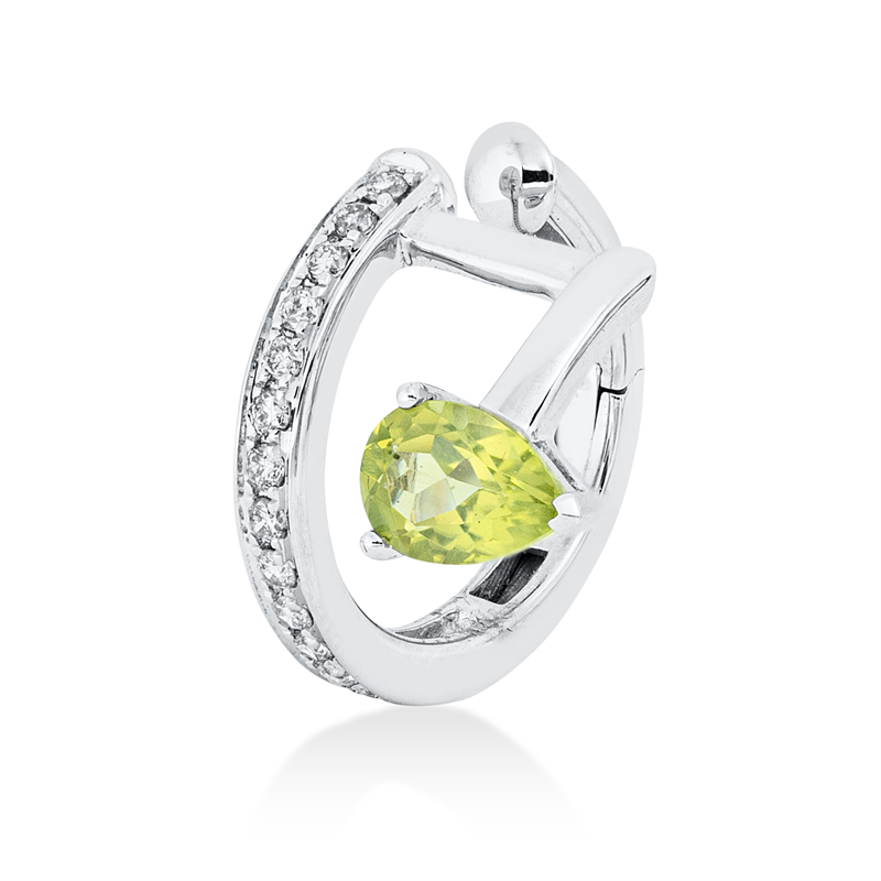 Ohrschmuck 18 kt WG, ear cuff, 16 Brill. 0,11 ct, TW-pi, 1 Peridot 0,41 ct grün