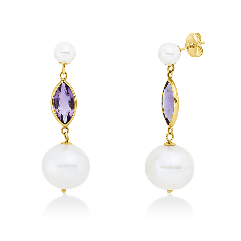 Ohrschmuck 14 kt GG, 2 Amethyste 4,00 ct lila, 2 ZP weiß 5,5 mm, 2 ZP weiß 12 mm