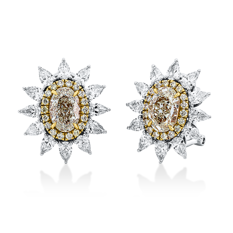 Ohrschmuck 18 kt WG+GG, GIA 2pcs, 24 Tropfen 2,08 ct, F-vsi, 2 Oval 3,26 ct, gelb-vs1, 36 Brill. 0,37 ct, gelb
