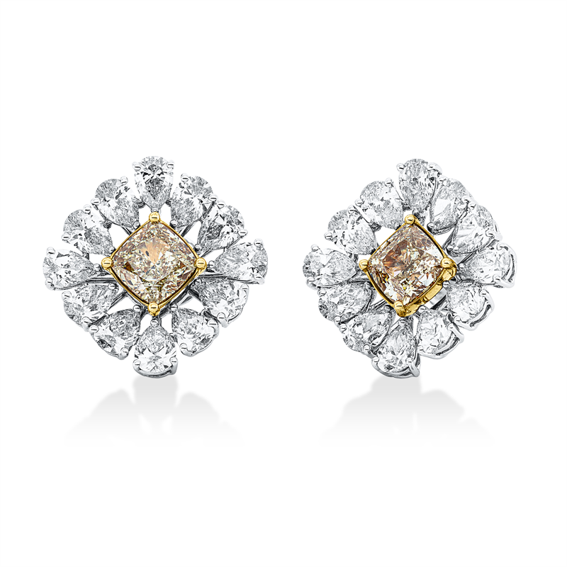 Ohrstecker 18 kt WG+GG, GIA 2pcs, 24 Tropfen 5,72 ct, TW-vsi, 2 Cushion 3,03 ct, gelb-si2
