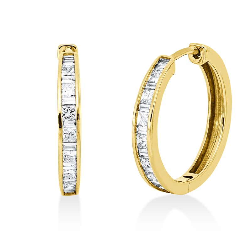Creolen 18 kt GG, 14 Princ. 0,38 ct, TW-si, 20 Bag. 0,18 ct, TW-si