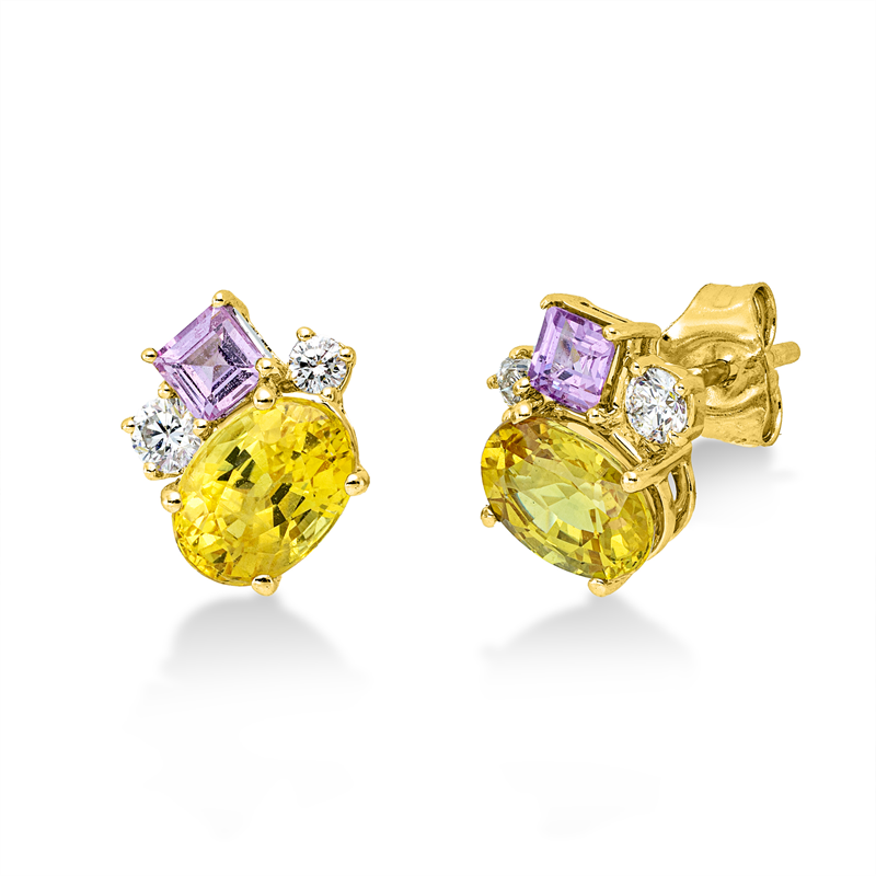 Ohrstecker 18 kt GG, 2 Brill. 0,13 ct, TW-si, 2 Brill. 0,06 ct, TW-si, 2 Saphire 1,94 ct gelb, 2 Saphire 0,37 ct pink