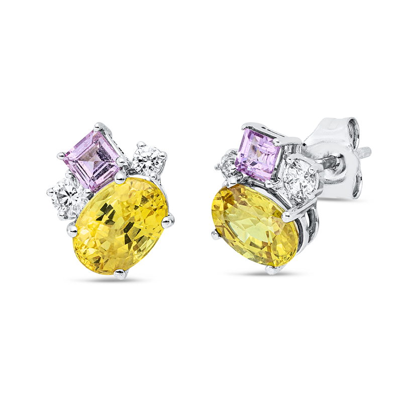 Ohrstecker 18 kt WG, 2 Brill. 0,12 ct, TW-si, 2 Brill. 0,07 ct, TW-si, 2 Saphire 2,13 ct gelb, 2 Saphire 0,38 ct pink