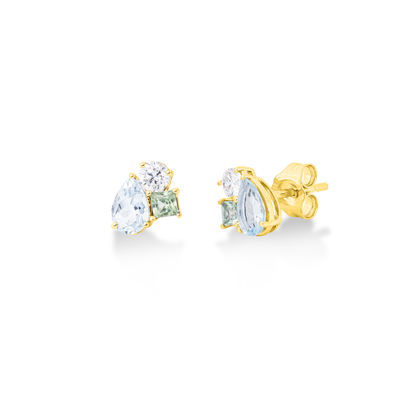 Ohrstecker 18 kt GG, 2 Brill. 0,27 ct, TW-si, 2 Aquamarin 0,74 ct blau, 2 Amethyste 0,26 ct grün