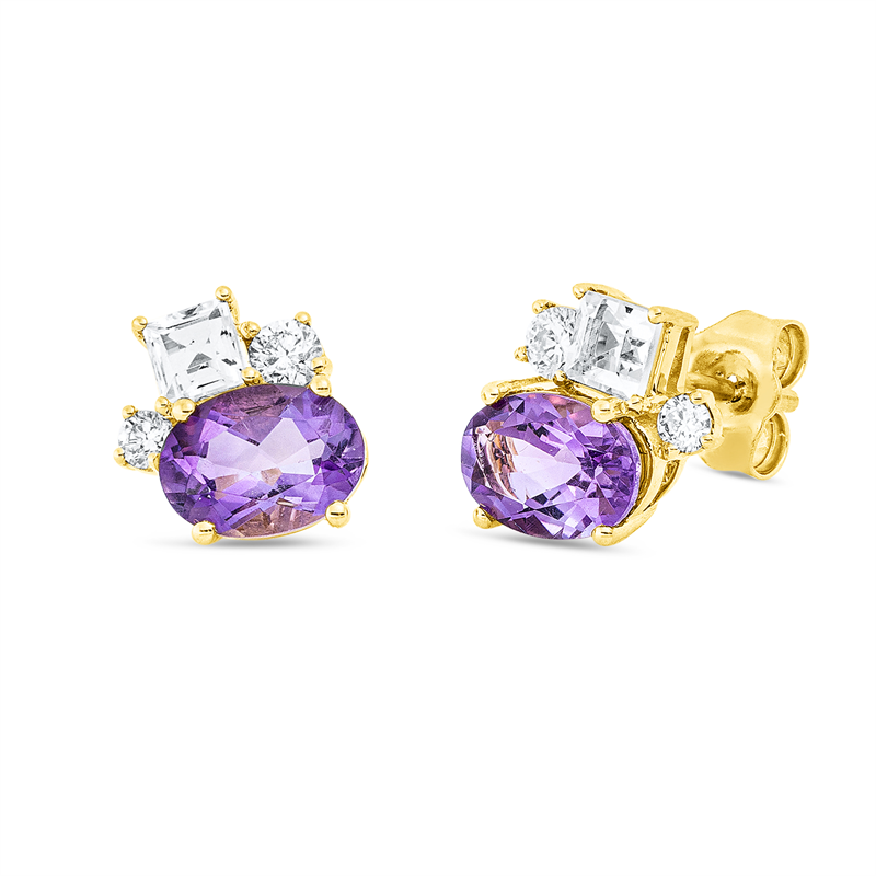 Ohrstecker 18 kt GG, 2 Brill. 0,13 ct, TW-si, 2 Brill. 0,07 ct, TW-si, 2 Amethyste 1,43 ct lila, 2 Aquamarin 0,42 ct blau