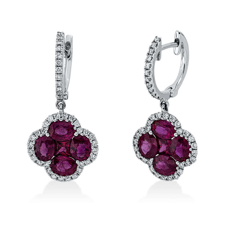 Ohrschmuck 18 kt WG, 80 Brill. 0,35 ct, TW-si, 10 Rubine 2,90 ct rot