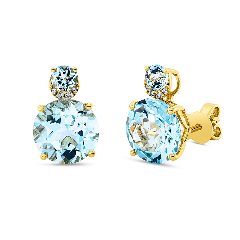 Ohrstecker 18 kt GG, 8 Brill. 0,04 ct, TW-si, 2 Topase 6,40 ct sky blue, 2 Topase 0,40 ct sky blue