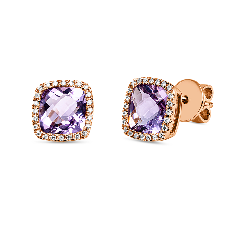 Ohrstecker 18 kt RG, 48 Brill. 0,15 ct, TW-si, 2 Amethyste 3,20 ct pink