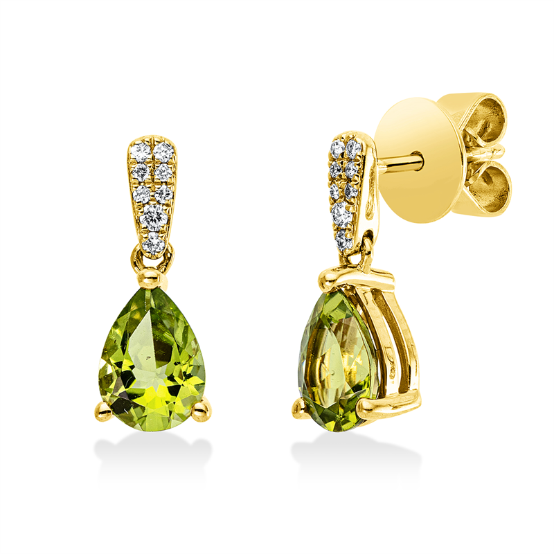 Ohrschmuck 18 kt GG, 16 Brill. 0,06 ct, TW-si, 2 Peridot 1,49 ct grün