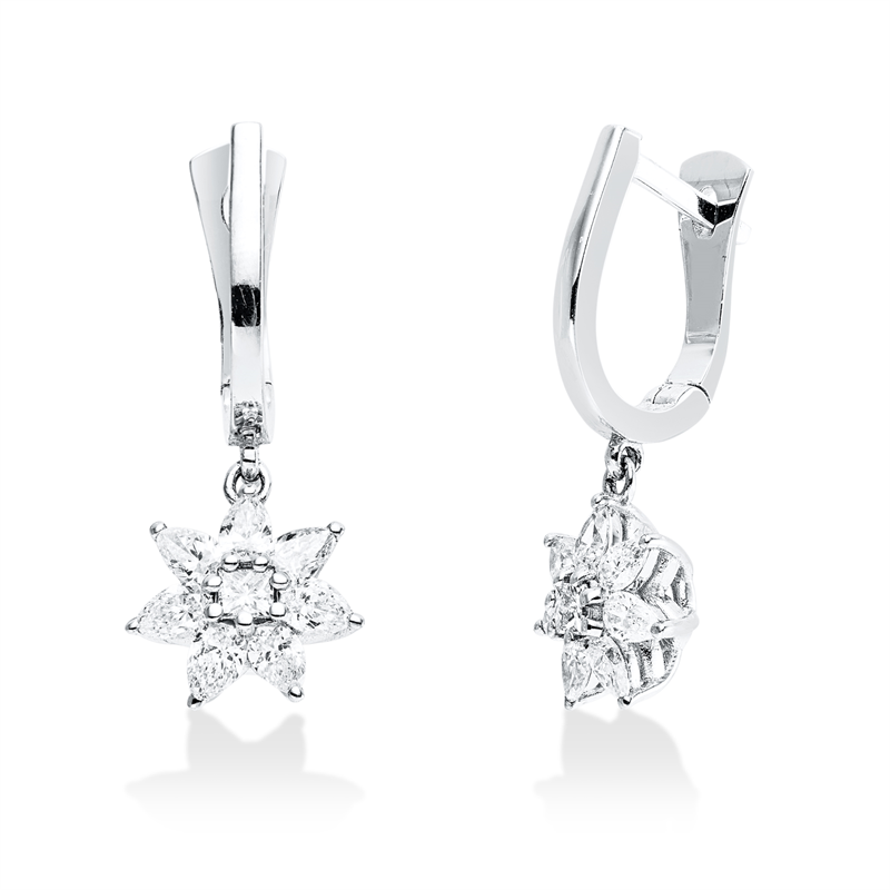 Ohrschmuck 18 kt WG, 14 Tropfen 0,74 ct, TW-si, 2 Princ. 0,12 ct, TW-si