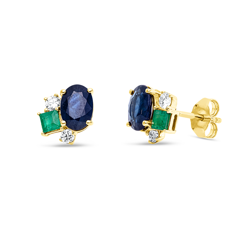 Ohrstecker 18 kt GG, 4 Brill. 0,21 ct, TW-si, 2 Saphire 1,91 ct blau, 2 Smaragde 0,30 ct grün