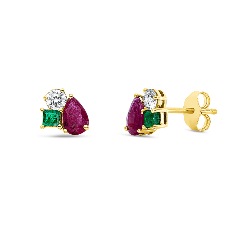 Ohrstecker 18 kt GG, 2 Brill. 0,26 ct, TW-si, 2 Rubine 0,69 ct rot, 2 Smaragde 0,20 ct grün