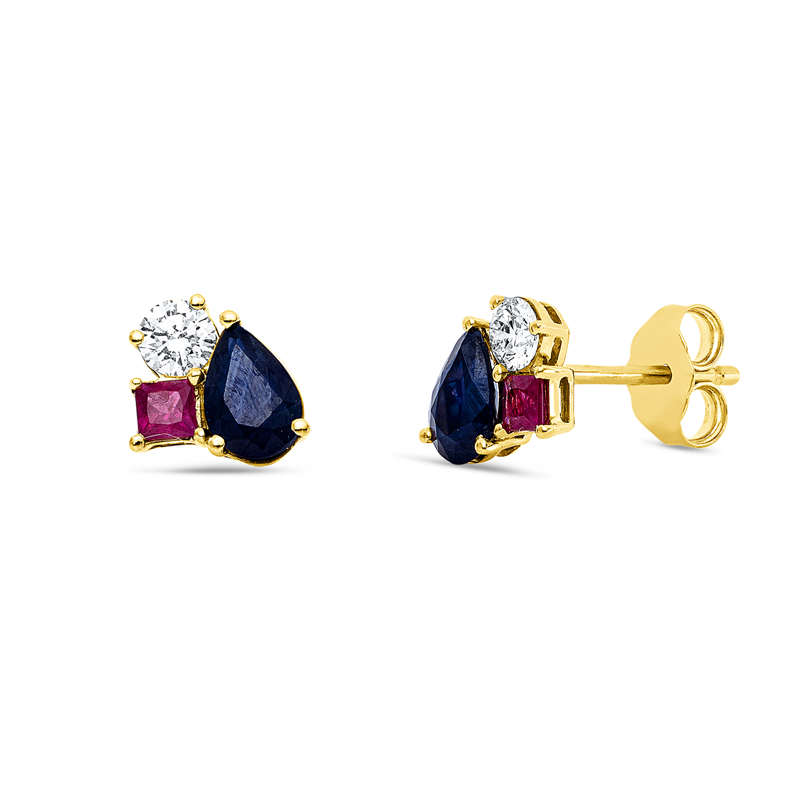 Ohrstecker 18 kt GG, 2 Brill. 0,25 ct, TW-si, 2 Saphire 1,02 ct blau, 2 Rubine 0,22 ct rot