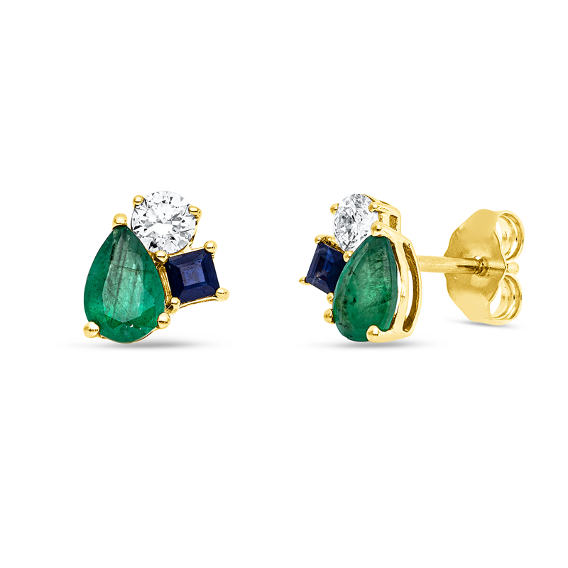 Ohrstecker 18 kt GG, 2 Brill. 0,26 ct, TW-si, 2 Smaragde 0,76 ct grün, 2 Saphire 0,20 ct blau