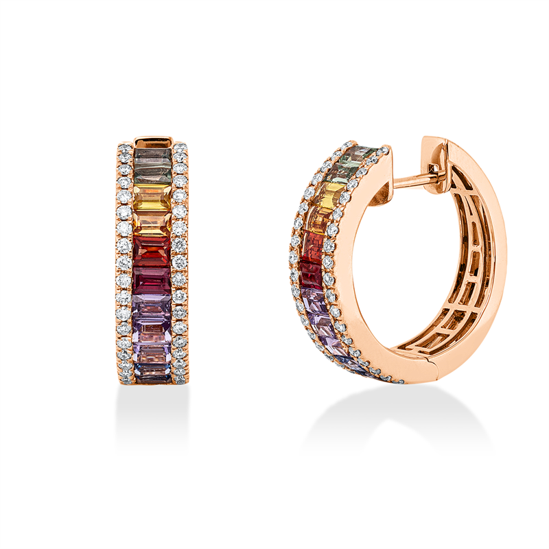 Creolen 18 kt RG, 76 Brill. 0,39 ct, TW-si, 22 Saphire 2,23 ct fancy