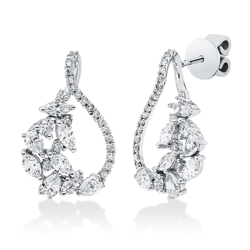 Ohrstecker 18 kt WG, 8 Nav. 0,60 ct, F-vsi, 6 Tropfen 0,48 ct, F-vsi, 48 Brill. 0,28 ct, F-si