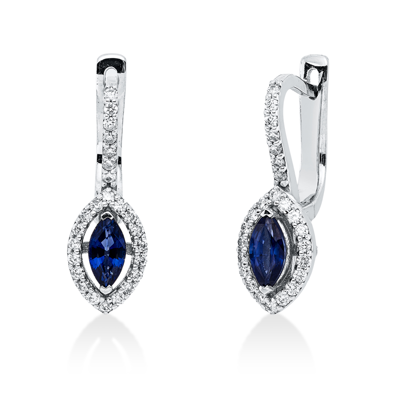 Creolen 18 kt WG, 50 Brill. 0,30 ct, F-si, 2 Saphire 0,59 ct blau