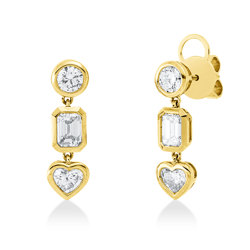Ohrschmuck 18 kt GG, 2 Herzschl. 0,55 ct, 2 Sm.schliff 0,82 ct, 2 Brill. 0,47 ct, TW-si