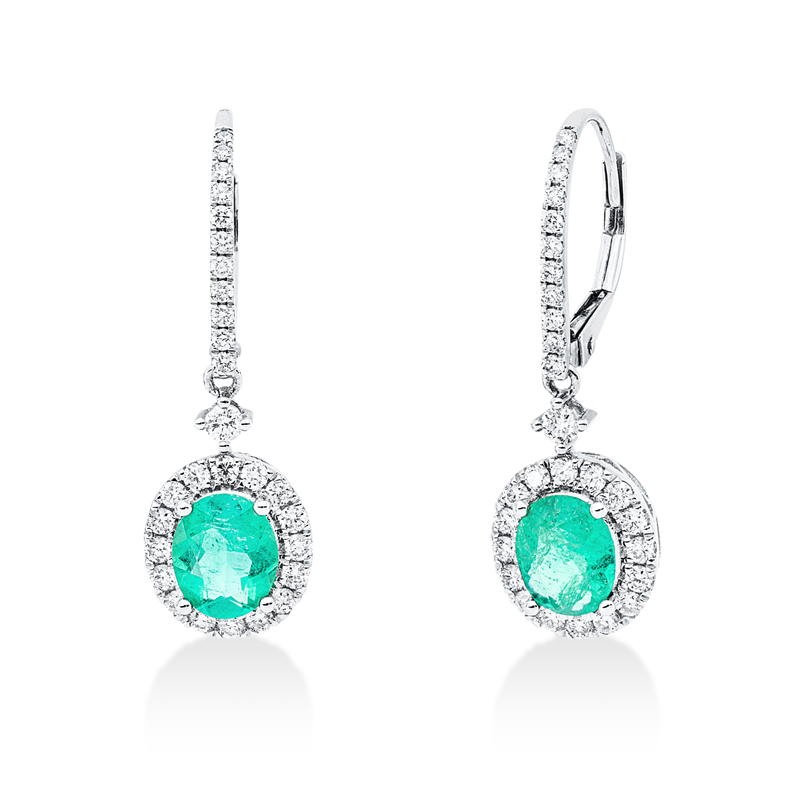 Ohrschmuck 18 kt WG, 56 Brill. 0,71 ct, TW-si, 2 Smaragde 1,41 ct grün