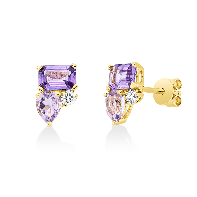 Ohrstecker 18 kt GG, 2 Brill. 0,10 ct, TW-si, 2 Amethyste 0,96 ct lila, 2 Amethyste 0,64 ct lila