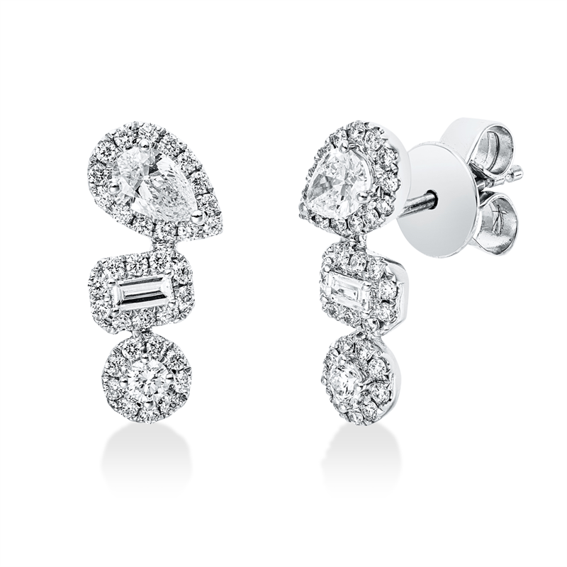 Ohrstecker 18 kt WG, 2 Bag. 0,08 ct, TW-vsi, 2 Tropfen 0,36 ct, TW-vsi, 68 Brill. 0,40 ct, TW-si