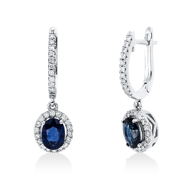 Ohrschmuck 18 kt WG, 36 Brill. 0,34 ct, F-si, 20 Brill. 0,16 ct, F-si, 2 Saphire 1,97 ct blau