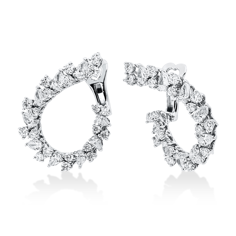 Creolen 18 kt WG, 12 Tropfen 1,16 ct, F-vsi, 6 Tropfen 0,88 ct, F-vsi, 40 Brill. 1,71 ct, F-si
