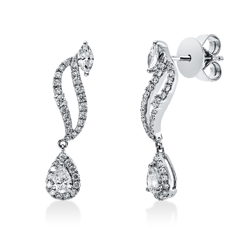 Ohrschmuck 18 kt WG, 2 Nav. 0,16 ct, TW-vsi, 2 Tropfen 0,23 ct, TW-vsi, 68 Brill. 0,32 ct, TW-si