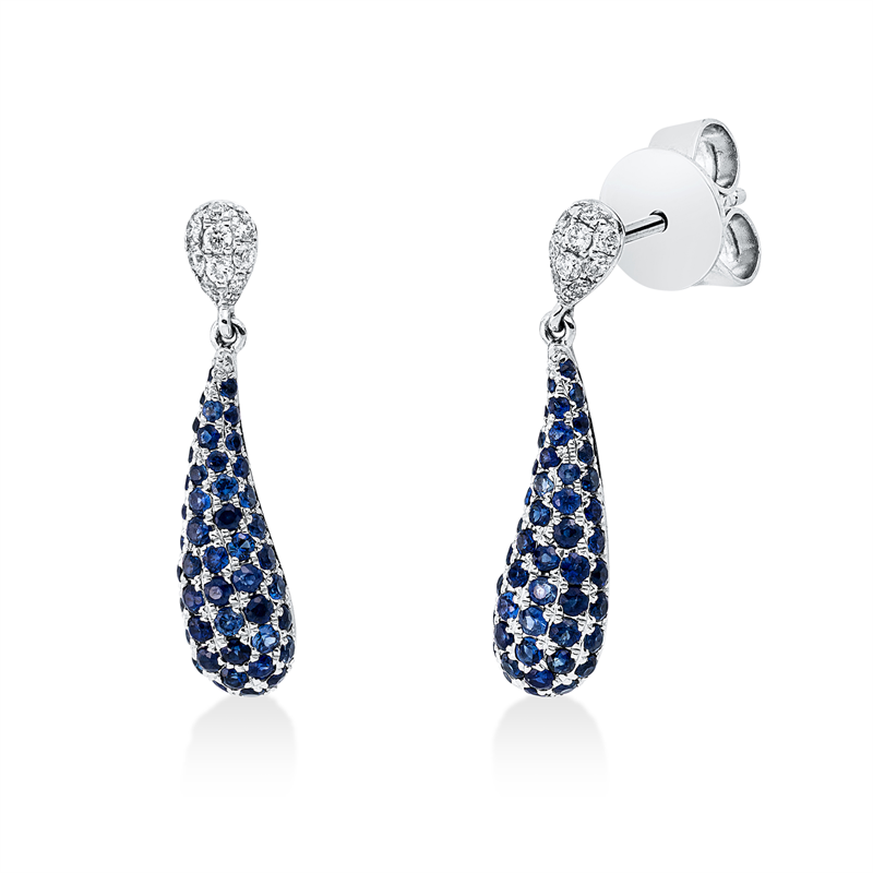 Ohrschmuck 18 kt WG, 18 Brill. 0,11 ct, TW-si, 92 Saphire 0,76 ct blau