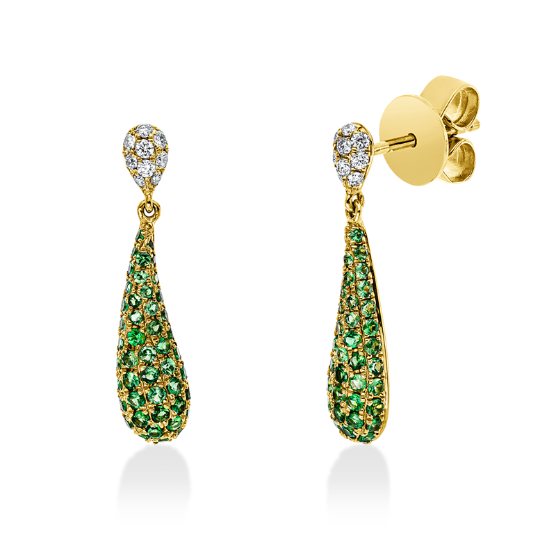 Ohrstecker 18 kt GG, 18 Brill. 0,11 ct, TW-si, 92 Tsavorith 0,61 ct grün