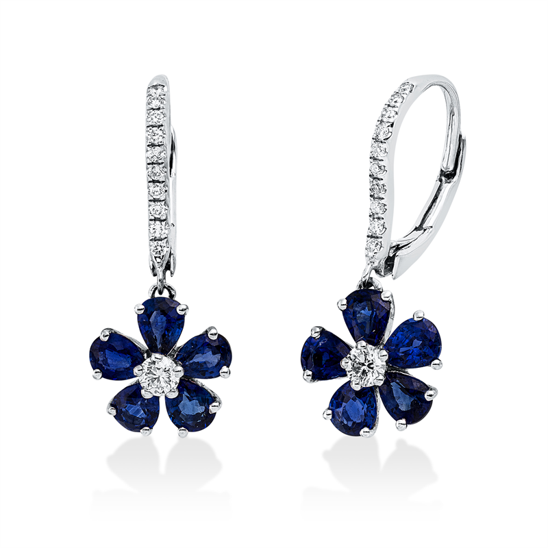 Ohrschmuck 18 kt WG, 2 Brill. 0,21 ct, TW-vsi/si, 20 Brill. 0,13 ct, TW-vsi/si, 10 Saphire 2,88 ct blau