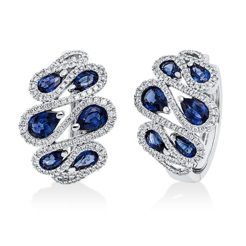 Creolen 18 kt WG, 212 Brill. 0,85 ct, TW-si, 12 Saphire 3,60 ct blau