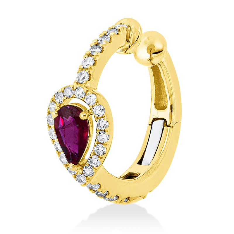 Ohrschmuck 18 kt GG+WG, Ohrmanschette, 25 Dia. 0,11 ct, W-si, 4 Brill. 0,04 ct, TW-pi, 1 Rubin 0,22 ct